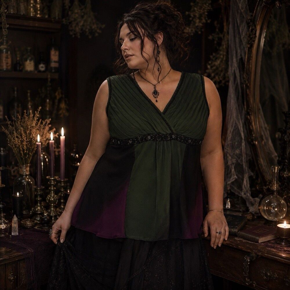 Lane Bryant Empire Waist Top Sz 20 Dark Romantic Green Black Plum Pleated Beaded